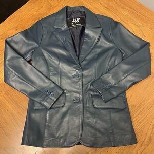 JLD‎ New Leatherman Leather Blazer Jacket Women's M Teal Blue Tailored Vintage